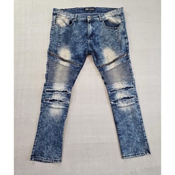 Rok Hand Crafted Jeans Men's 38x32 Med Wash Moto Tapered Leg Stretch Ruching EUC - Picture 1 of 14